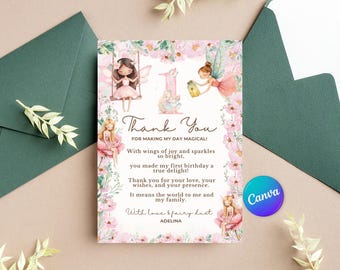 May include: A pink and floral thank you card with fairy illustrations. The card features the text "Thank You" and a message about a first birthday. The card is surrounded by pink flowers and fairy illustrations. The Canva logo is visible.