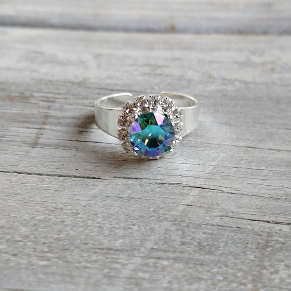 Turquoise Glacier Blue Xirus Swarvoski Crystal Adjustable Ring Sterling Silver Plated Setting  39ss<<rings <<crystal ring