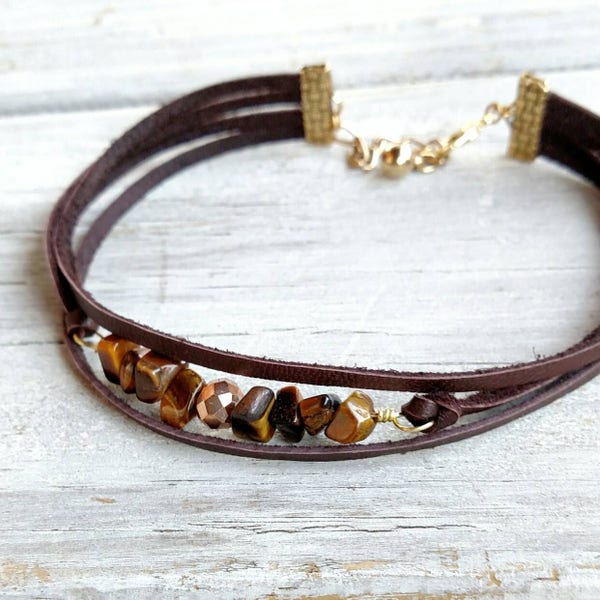 Tigereye and Czech glass Gorgous Thick Brown Leather Choker necklace<< choker << tigereye necklace