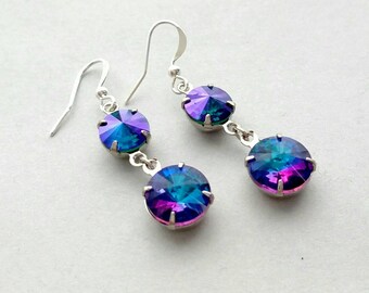 Orecchini pendenti a 2 livelli in cristalli Swarovski blu viola indaco con montatura placcata in argento sterling
