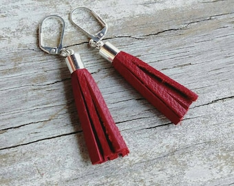 Handmade Red Leather Tassel Earrings, Boho Jewelry