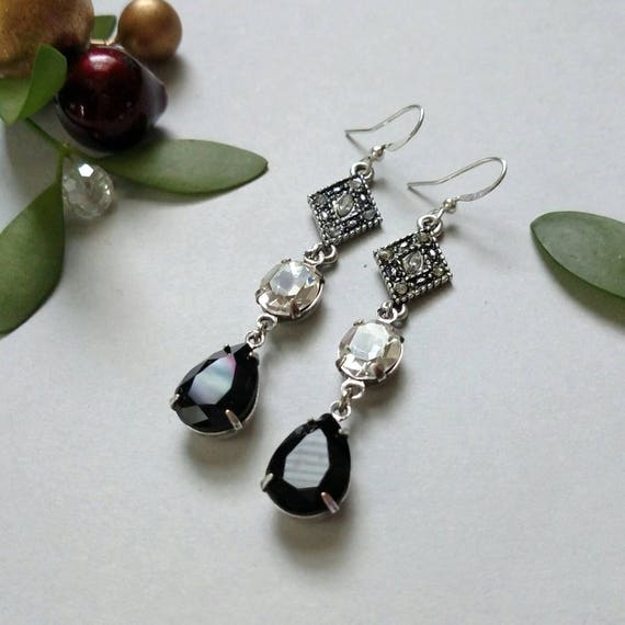 Jet Black Swarvoski Crystal Art Deco Dangle Earrings