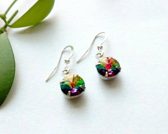 Dainty Rainbow Swarovski Crystal Drop Earrings, 8mm Crystal Earrings, 925 Sterling Silver