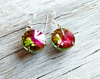 Orecchini pendenti con cristalli Swarovski multicolor rosa e verde anguria