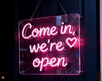 Letrero de neón personalizado "Pasa, estamos abiertos" – Letrero de bienvenida místico para escaparate de tienda