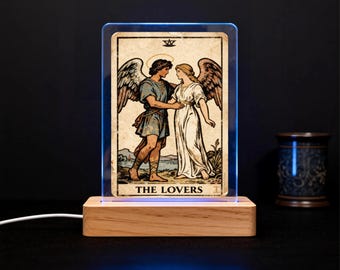 Custom The Lovers Tarot Night Light – RGB LED Wood Base Acrylic Accent Lamp