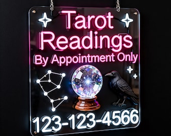 Lecturas de tarot solo con cita previa. Letrero de neón / Número de teléfono personalizado / Letrero de tienda psíquica abierta.
