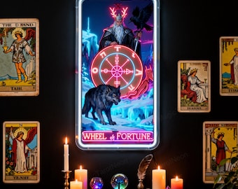 Letrero de neón personalizado con diseño de la Rueda de la Fortuna y cartas del Tarot: Arte LED místico para el destino y el cambio.