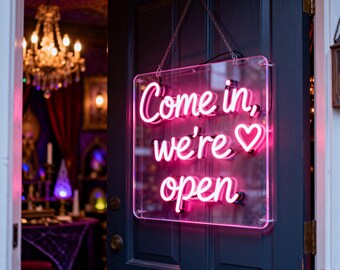 Custom Open Neon Sign with Heart - Handwritten Script Door Decor for Psychic Shop