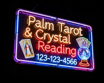Letrero de neón personalizado para lectura de tarot y cristales de palma - Luz de neón LED para negocios espirituales