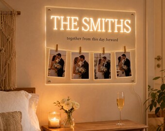 Custom Wedding Neon Sign - Mr & Mrs Name LED Light with Photo Display