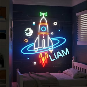 Custom Rocket Name Neon Sign: Personalized Kids Room Decor