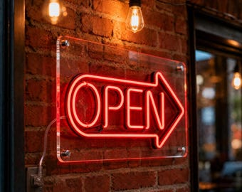 Custom Open Neon Sign with Arrow - Directional Storefront Decor for Shop