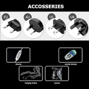 May include: A set of accessories labeled ACCOSSERIES featuring four black electrical power plugs for EU, AU, US, and UK standards. Included are a white inline dimmer switch, a multi-button remote dimmer, silver metal hanging chains, and screws.