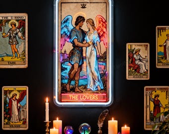 Letrero de neón personalizado con la carta del Tarot de los Amantes – Arte LED personalizado para parejas, decoración mística para la pared