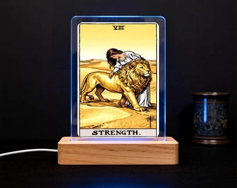 Custom The Strength Tarot Night Light – RGB LED Wood Base Acrylic Accent Lamp
