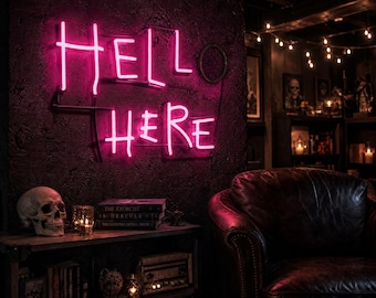 Hell Here Neon Sign - Wordplay LED Light for Halloween Dark Humor Decor