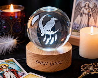 3D Laser Engraved Crystal Ball – Raven Moon Custom LED Night Light, Altar Decor