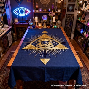 May include: A navy blue tablecloth with a gold glitter eye-in-triangle design. The tablecloth is rectangular and covers a wooden table. The design includes an eye within a triangle, surrounded by radiating lines and smaller triangles. The text "Tarot Neon | Witchy Decor | Spiritual Shop" is at the bottom.