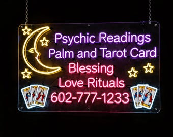 Letrero de neón personalizado con palmas y cartas del tarot: decoración espiritual de pared personalizada
