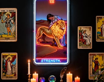 Letrero de neón personalizado con la carta del Tarot de la Fuerza: arte LED místico personalizado para el coraje interior.