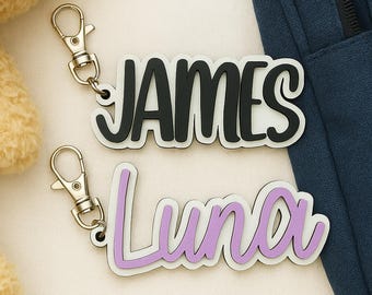 Llavero con nombre personalizado para niños, etiqueta para mochila, etiqueta para bolso escolar, etiqueta para bolsa de pañales o lonchera.