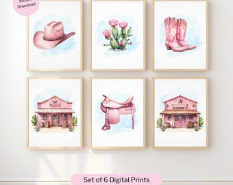May include: Set of six digital prints featuring watercolor illustrations of a cowboy hat, cactus, boots, a building, a saddle, and another building. The prints are in a soft pink color palette with a light blue background.