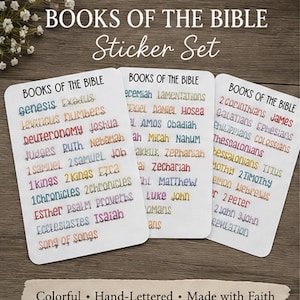 May include: Three white rectangular sticker sheets labeled BOOKS OF THE BIBLE, featuring colorful hand-lettered names of biblical books in various fonts. The text includes Genesis, Exodus, Leviticus, Numbers, and others, organized across the three sheets.