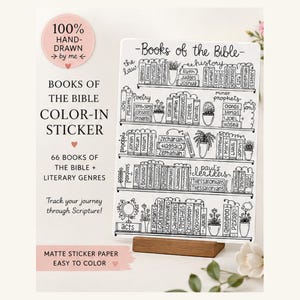 May include: A rectangular white sticker sheet featuring a black and white hand-drawn illustration of bookshelves labeled Books of the Bible. The design includes various book spines categorized by genre, small potted plants, and decorative text elements.