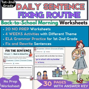 May include: A worksheet for primary school children, titled "Daily Sentence Fixing Routine" and "Back-to-School Morning Worksheets." It includes grammar exercises and sentence correction activities. Features a cartoon girl with a backpack and school building.
