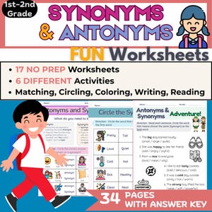 Synonyms and Antonyms Fun Worksheets | 1st–2nd Grade ELA | No Prep Activities