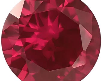 May include: A round, faceted gemstone with a deep, vibrant red color. The stone features a brilliant cut with numerous triangular and trapezoidal facets that reflect light, creating a complex pattern of light and dark crimson tones throughout.