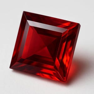 以下が含まれることがあります： 深紅色の正方形にカットされた、ファセット加工された宝石。宝石のファセットが光を反射し、鮮やかな輝きを生み出しています。宝石は白い背景に配置され、その色と透明度を際立たせています。