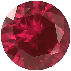 May include: A round, faceted gemstone with a deep, vibrant red colour. The stone features a brilliant cut with numerous triangular and trapezoidal facets that reflect light, creating a complex pattern of light and dark red tones across its surface.