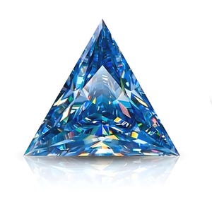 Pode incluir: Uma pedra preciosa de corte triangular com uma cor azul vibrante e superfícies facetadas que criam reflexos geométricos nítidos e refrações de luz por toda a pedra, resultando numa aparência brilhante e cristalina sobre um fundo branco.