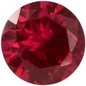 May include: A round, faceted ruby gemstone. The gem is a deep, saturated red color with multiple facets that reflect light. The gemstone is cut to maximize brilliance and sparkle.