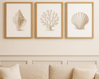Coastal Muschel & Korallen Wand Kunst Set - Neutral druckbare Skizze, Hamptons Stil digitaler Download