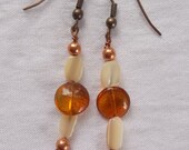 Carnelian Coins With White Mother of Pearl and Copper Dangle Earrings