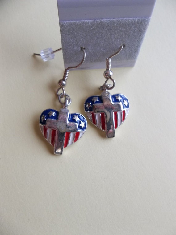 Patriotic Red White and Blue Hearts with Silver Cross Dangle | Etsy