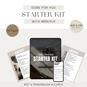May include: Digital Marketing Starter Kit with MRR/PLR, featuring a tablet and smartphone displaying content pages. The kit includes 56 pages and is designed to be edited and personalized in Canva.