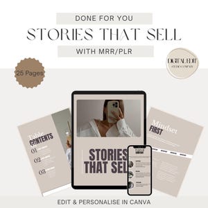 May include: A digital marketing product with the text "STORIES THAT SELL" and "WITH MRR/PLR". The image includes a tablet, a smartphone, and two open books. The product is described as having 25 pages and is editable in Canva.