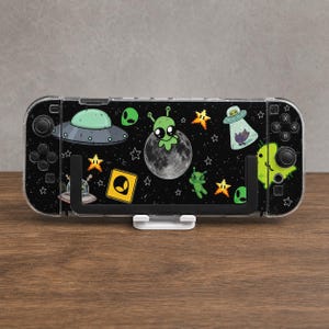 Custom Cute Alien UFO Sticker Case for Switch, OLED, Lite and Switch 2, Clear Hard Shell Cover, Kawaii Space Console Skin