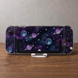Custom Watercolor Planets Galaxy Case for Switch, OLED, Lite and Switch 2, Clear Hard Shell Cover, Blue Purple Space Console Skin