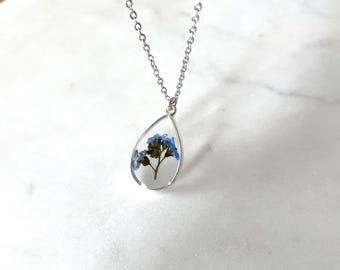 Teardrop forget-me-not pressed flower resin necklace - pressed floral necklace - Christmas - sympathy gift - bereavement gift