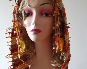 Capucha de hada caprichosa de otoño, hecha a mano a crochet, capucha de duende del bosque, capucha de bruja cottagecore, capucha de festival, capucha de cosplay, sombrero de bosque de fantasía