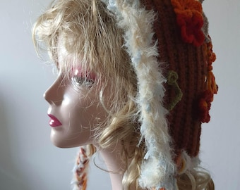 Autumn Fairy Crochet Hoodie, Woodland Hooded Cowl, Cottagecore Hood, Fall Leaves Flowers Hood, Festival Cosplay Hoodie for Women & Teens