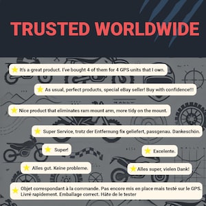 May include: Image with the text "TRUSTED WORLDWIDE" in red. Below are customer reviews with star icons. Reviews are in English, German, Spanish, and French, praising the product and service.