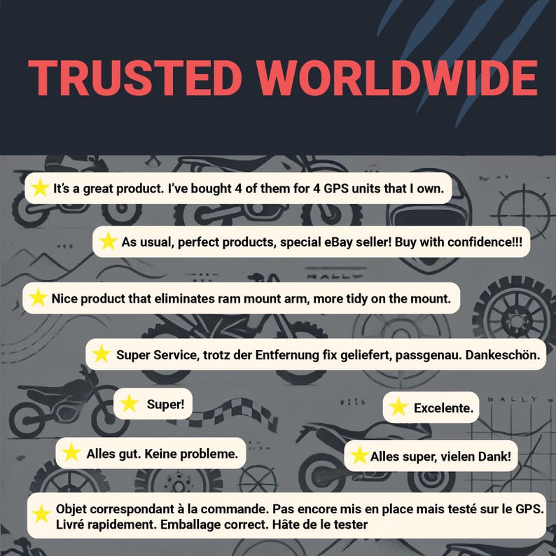 May include: Image with the text "TRUSTED WORLDWIDE" in red. Below are customer reviews with star icons. Reviews are in English, German, Spanish, and French, praising the product and service.