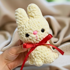 Handmade Crochet Bunny Plush – Soft Amigurumi Rabbit with Red Bow, Cute Stuffed Animal Gift for Kids & Adults