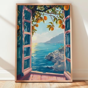 Mediterranean Window View Art Print, Coastal Orange Tree Wall Art, Sea View Poster, Modern Home Decor, Landscape Artwork, Printed Wall Art